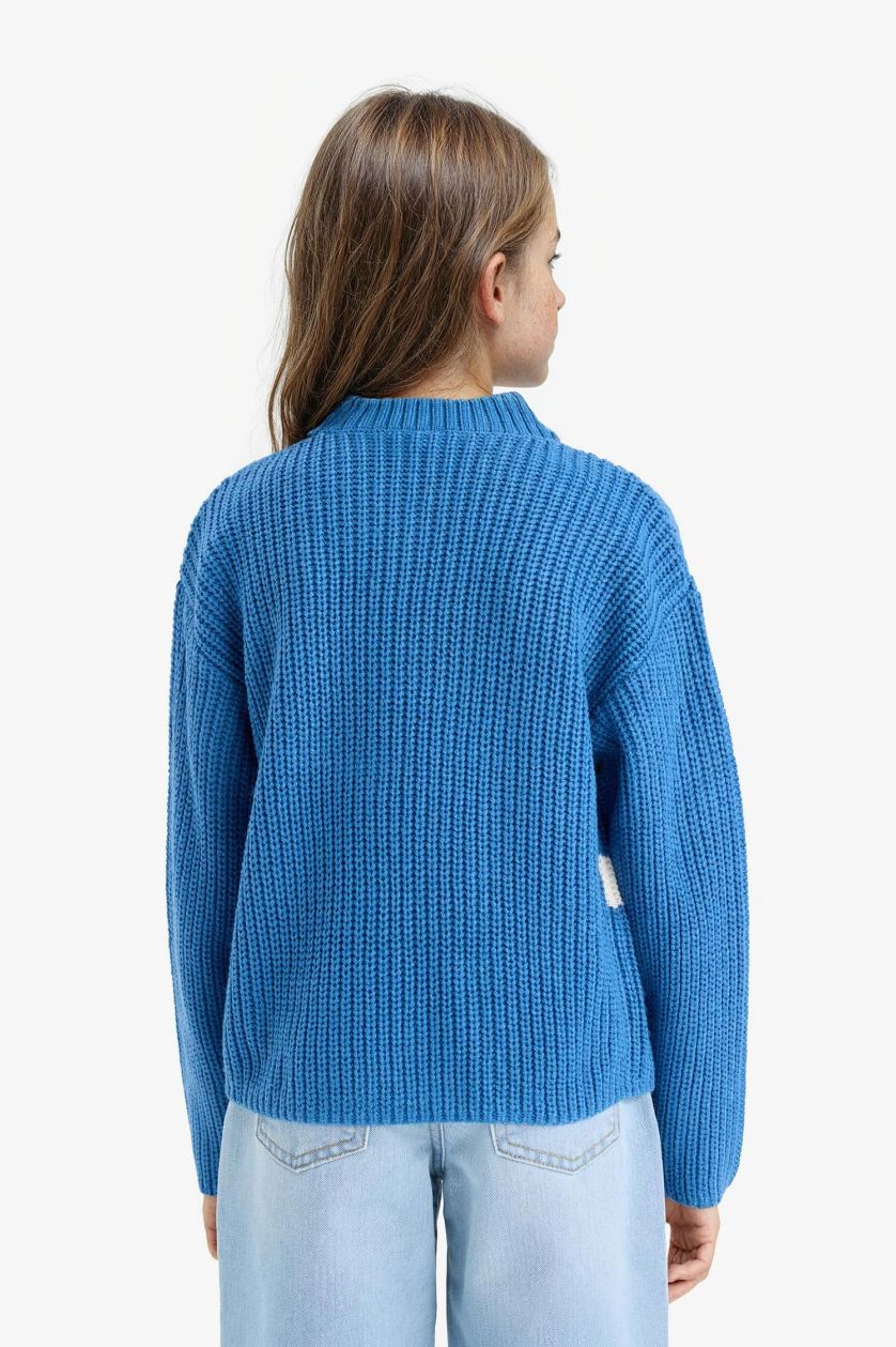 Kız Çocuk - Genç Kız Mavi Standart Fit Bisiklet Yaka Çizgili Triko Kazak Kız Çocuk