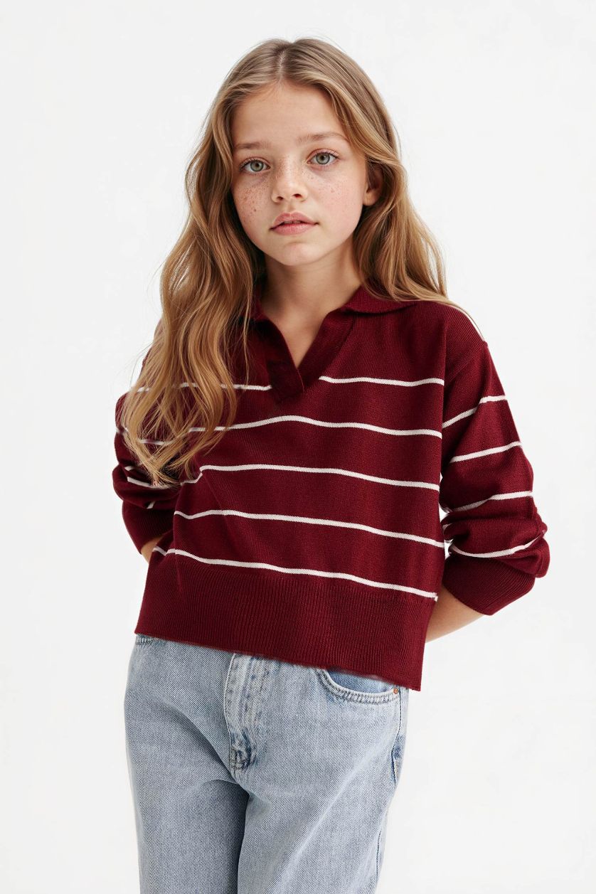 Kız Çocuk - Genç Kız Bordo Standart Fit Polo Yaka Çizgili Triko Kazak Kız Çocuk