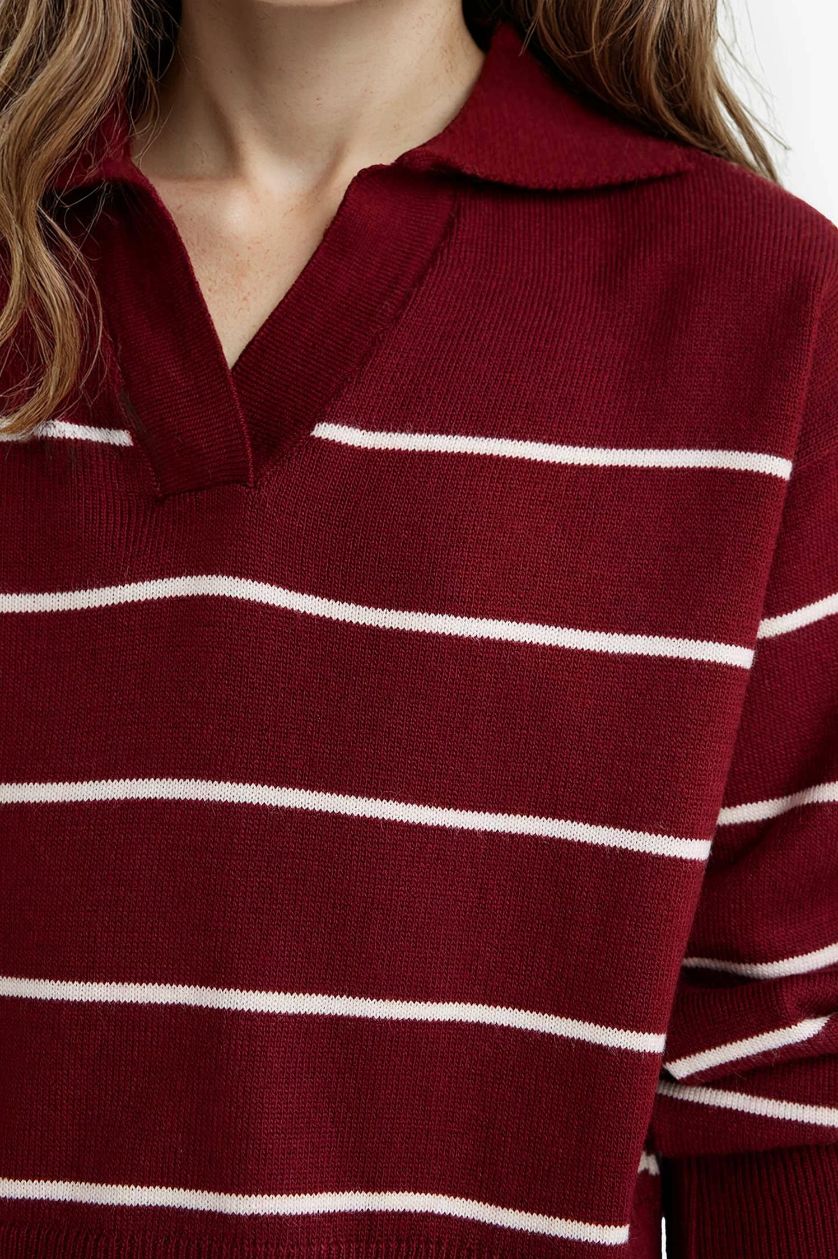 Kız Çocuk - Genç Kız Bordo Standart Fit Polo Yaka Çizgili Triko Kazak Kız Çocuk