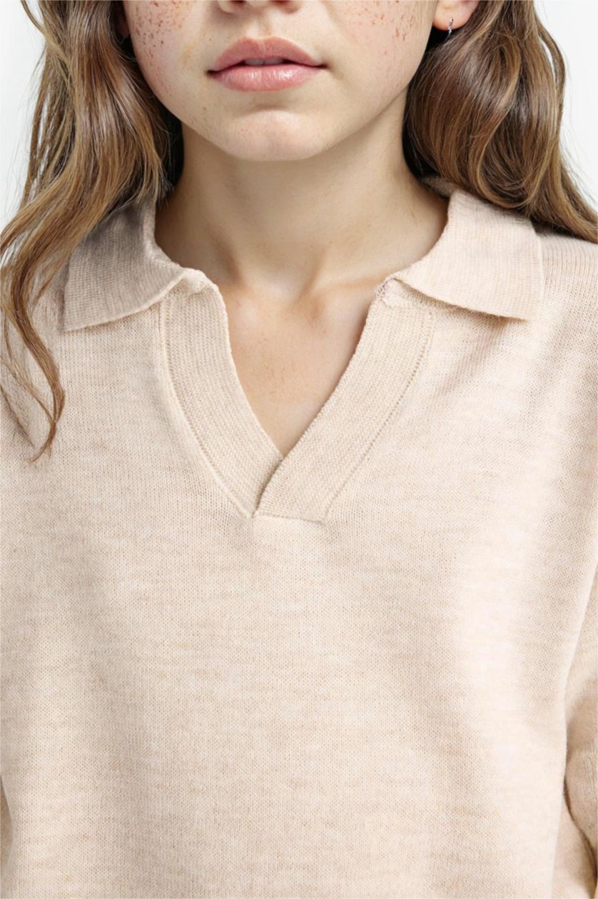 Kız Çocuk - Genç Kız Açık Bej Standart Fit Polo Yaka Triko Kazak Kız Çocuk