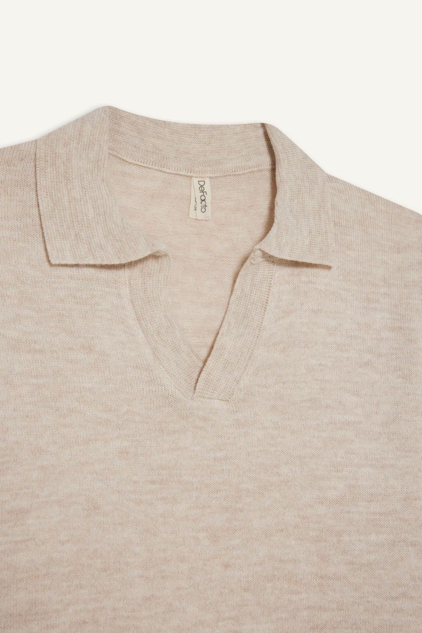 Kız Çocuk - Genç Kız Açık Bej Standart Fit Polo Yaka Triko Kazak Kız Çocuk