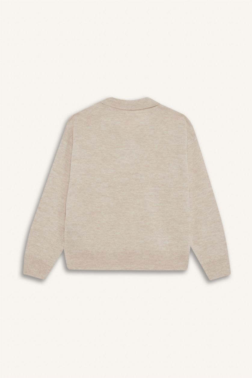 Kız Çocuk - Genç Kız Açık Bej Standart Fit Polo Yaka Triko Kazak Kız Çocuk