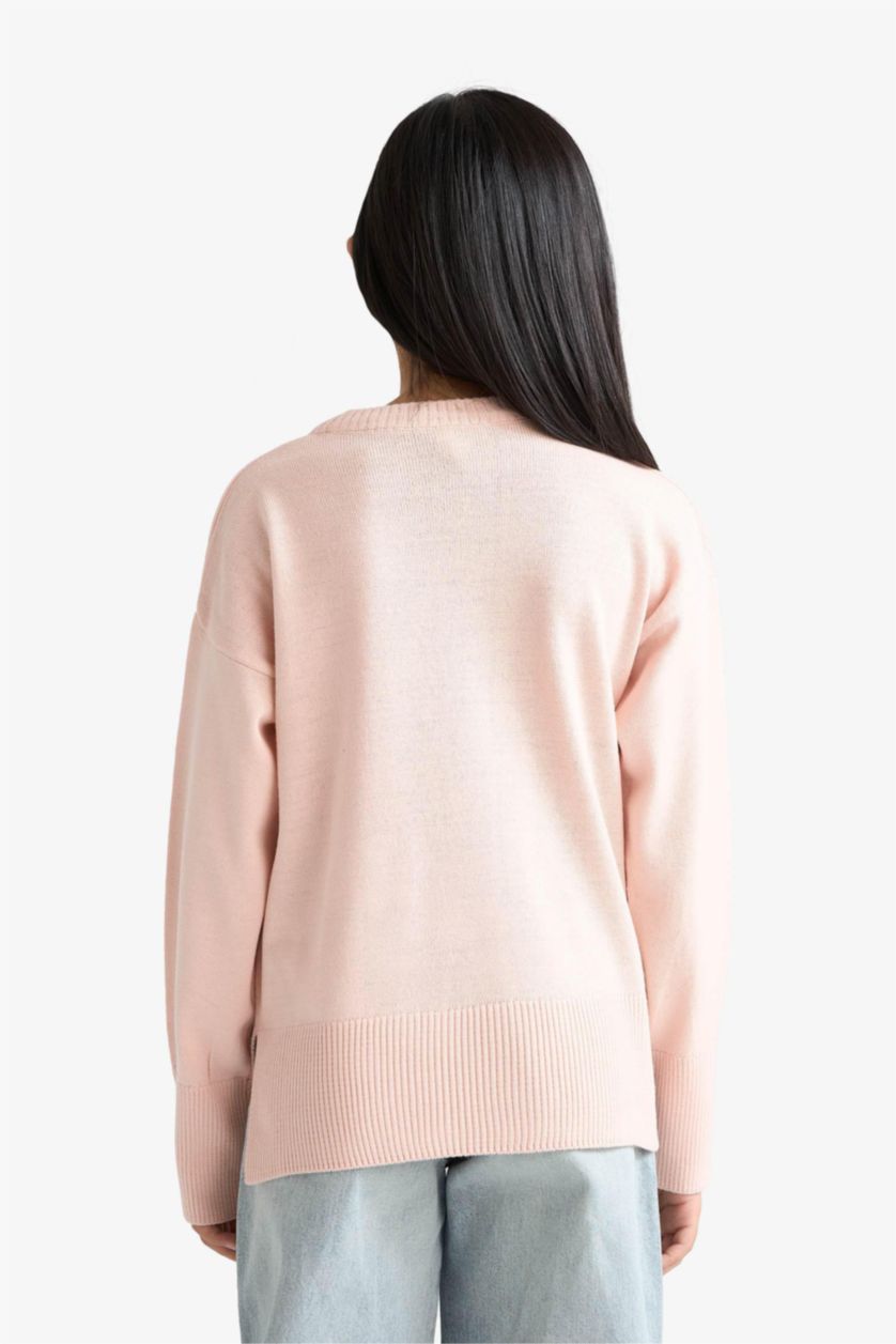 Kız Çocuk - Genç Kız Bej Oversize Geniş Kalıp Bisiklet Yaka Triko Kazak Kız Çocuk