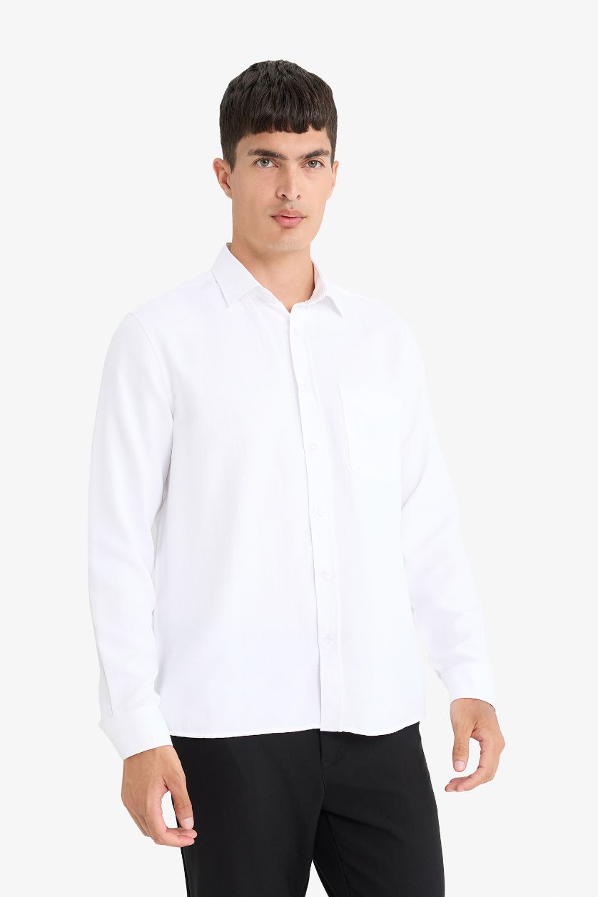 Erkek Beyaz Regular Fit Polo Yaka Dokulu Pamuklu Cepli Uzun Kollu Gömlek