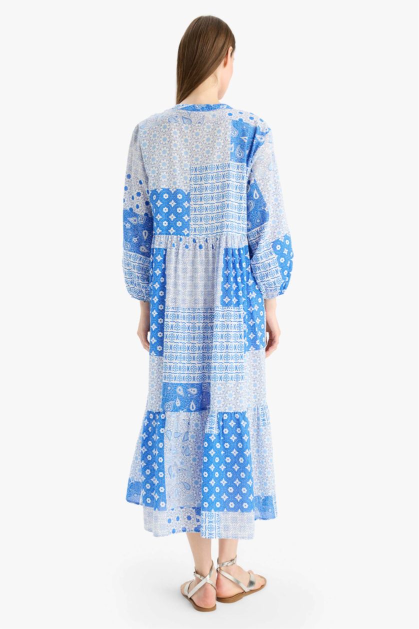 Kadın Mavi Tropikal Desenli Uzun Kollu Vual Plaj Elbisesi