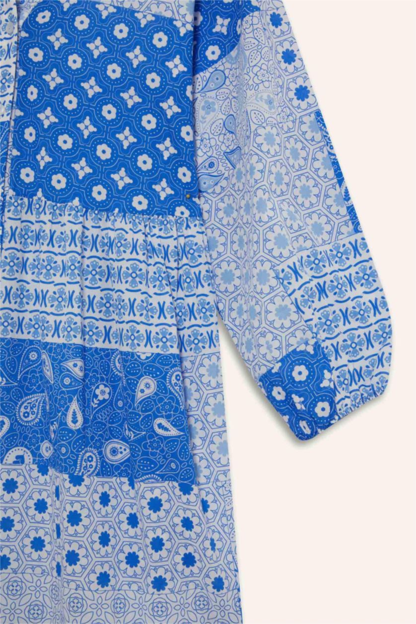 Kadın Mavi Tropikal Desenli Uzun Kollu Vual Plaj Elbisesi