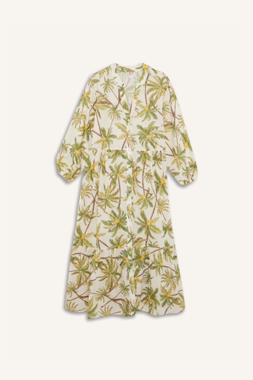 Kadın Zeytin Yeşili Tropikal Desenli Vual Plaj Elbisesi