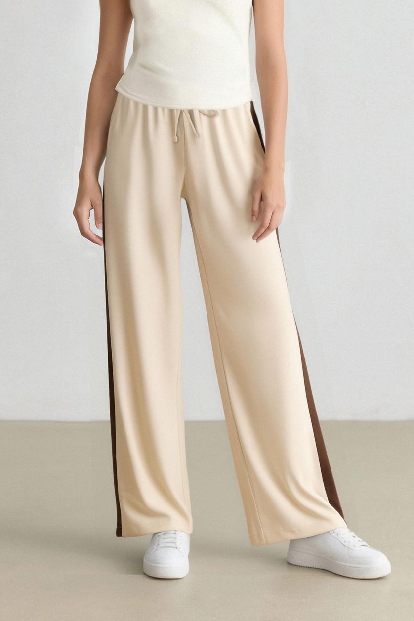 Kadın Ekru Wide Leg Cepli Normal Bel Geniş Paça Palazzo Pantolon
