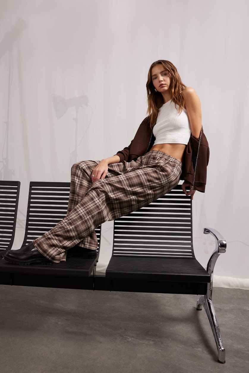Woman Brown Straight Fit Plaid Trousers
