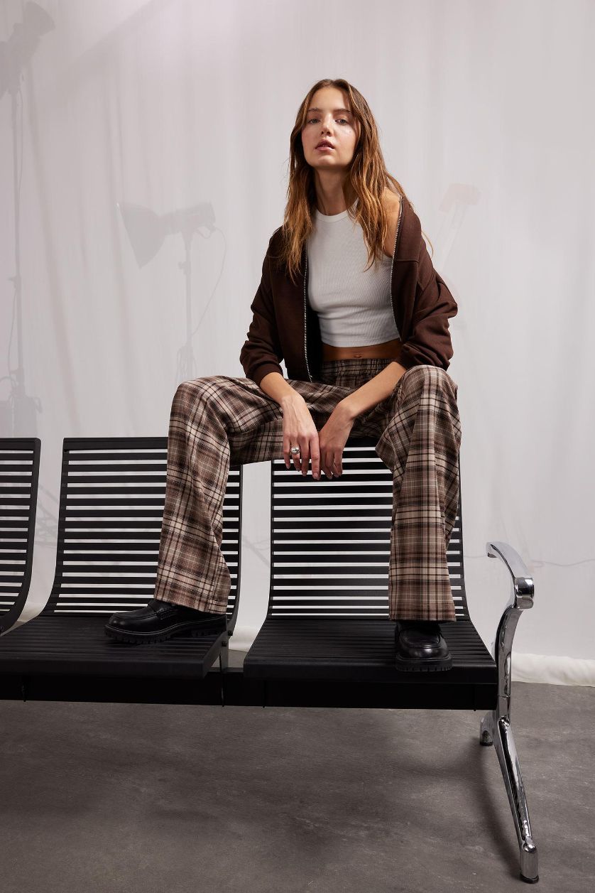 Woman Brown Straight Fit Plaid Trousers