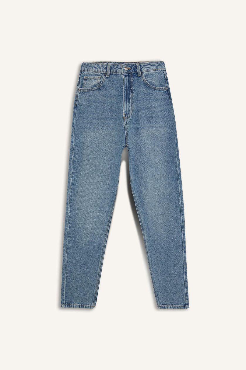 Kadın Mavi %100 Pamuk Lina Mom Fıt Yüksek Bel Düz Paça Jean Kar Yıkamalı Pantolon