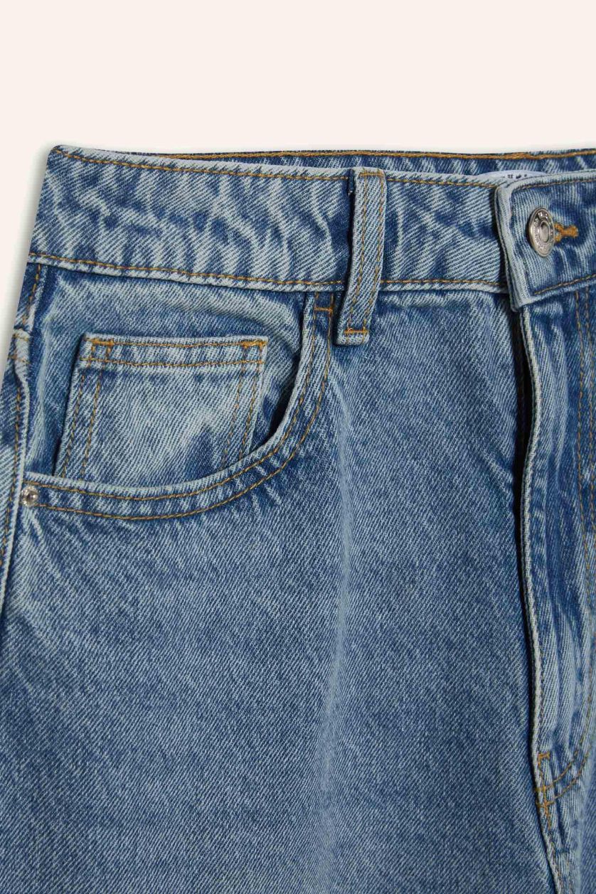 Kadın Mavi %100 Pamuk Lina Mom Fıt Yüksek Bel Düz Paça Jean Kar Yıkamalı Pantolon