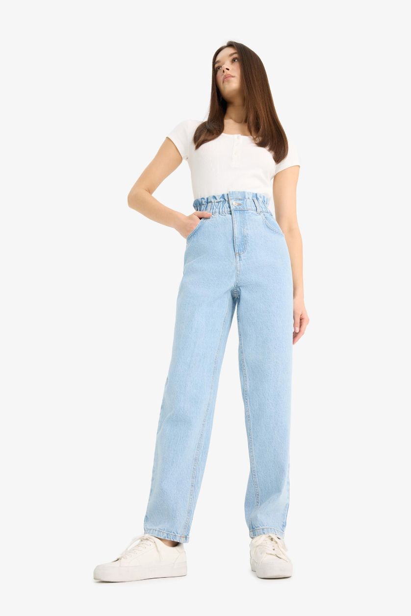 Kadın Açık Mavi %100 Pamuk Paperbag Yüksek Bel Jean Pantolon