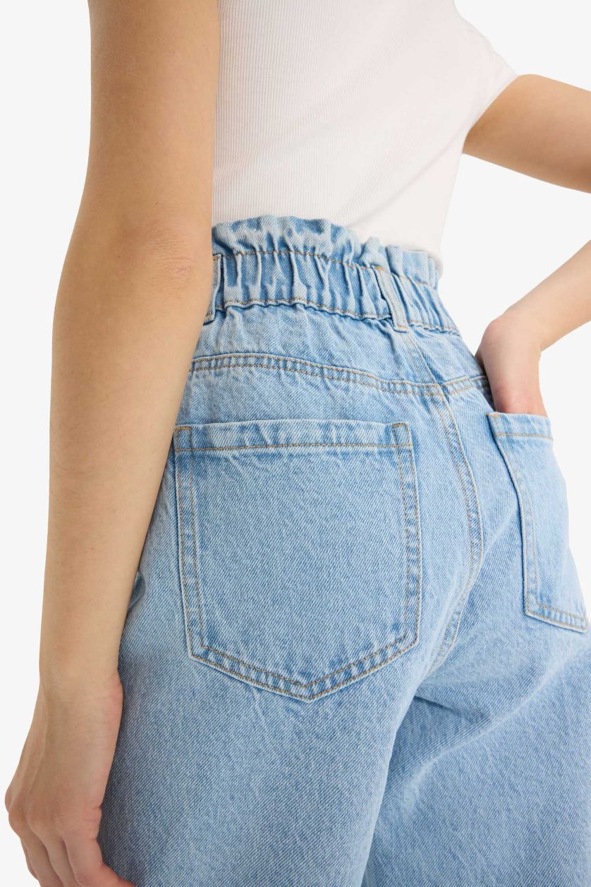 Kadın Açık Mavi %100 Pamuk Paperbag Yüksek Bel Jean Pantolon