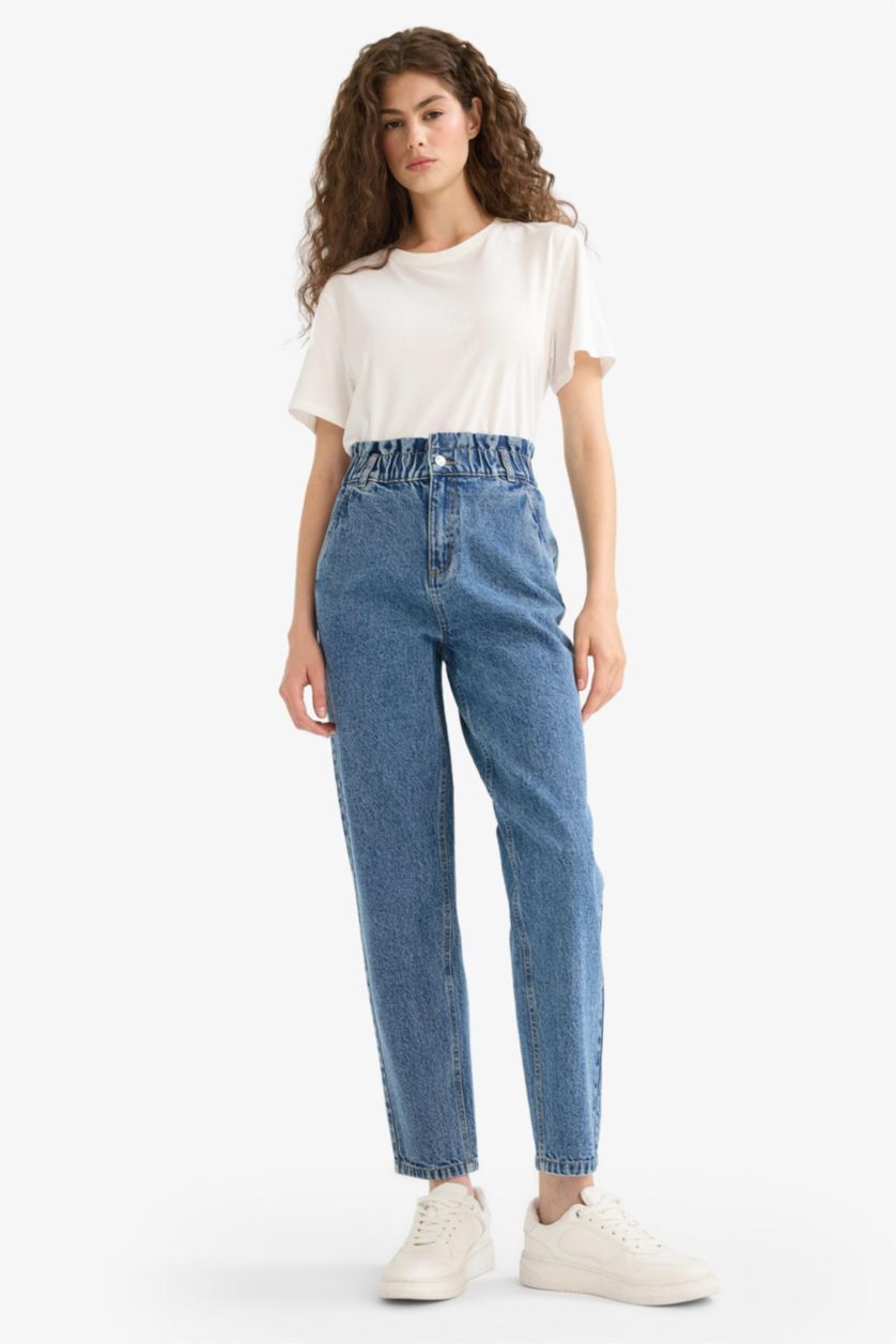 Женщины Голубрй Джинсы с высокой талией, прямым кроем и эффектом "мороженого"