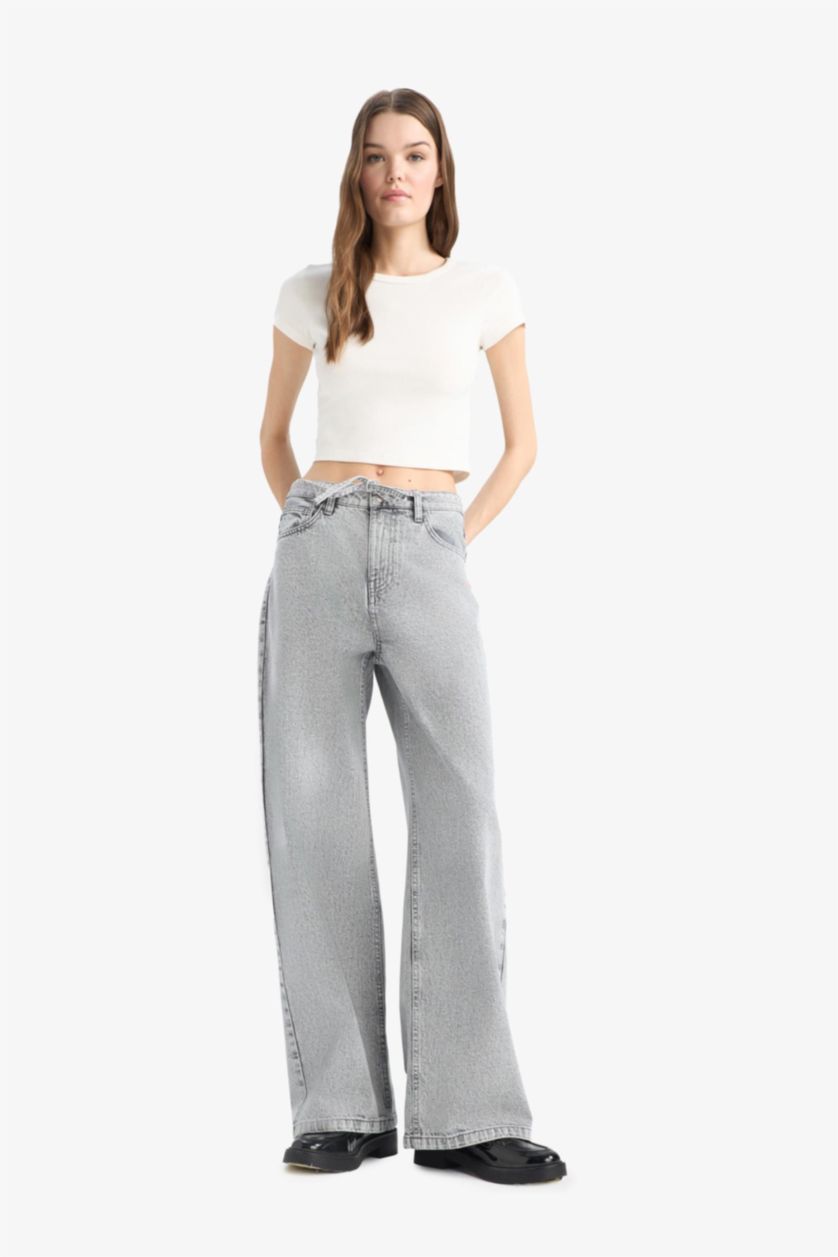 Женщины Серый Широкие джинсы с высокой талией и длинными штанинами с эффектом снежной стирки