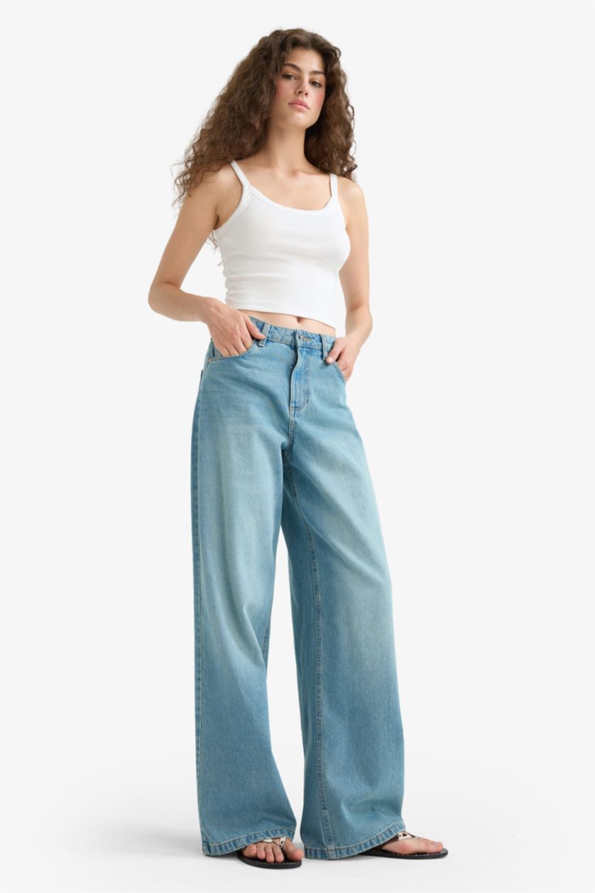 Женщины Светло-индиговый Брюки Wide Leg c высокой талией для женщин