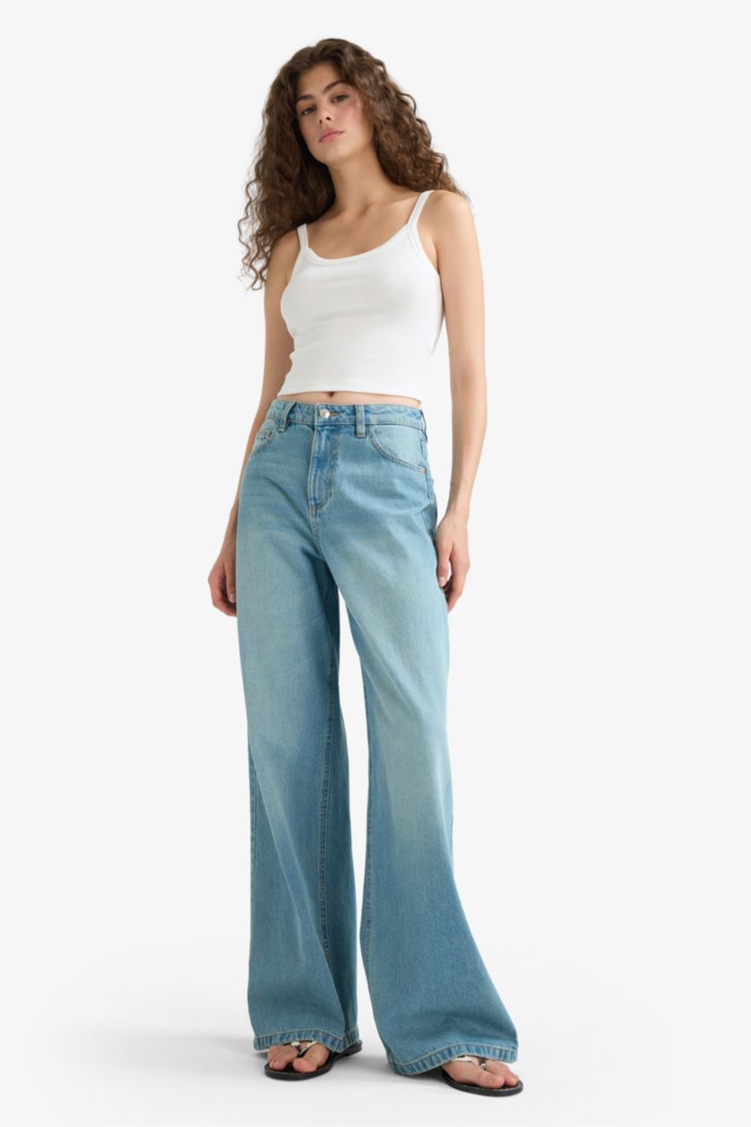 Женщины Светло-индиговый Брюки Wide Leg c высокой талией для женщин