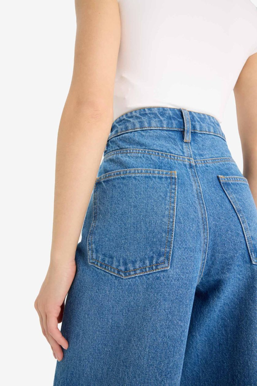 Kadın Mavi %100 Pamuk Relax Fıt Yüksek Bel Jean Pantolon