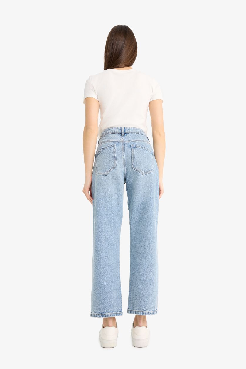 Женщины Светло-синий Прямой крой, высокая талия, джинсы с длинными прямыми штанинами