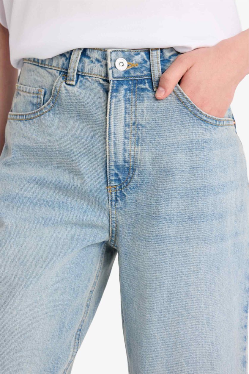 حريمي أزرق بنطلون جينز قصة واسعة مستقيمة وخصر عالي