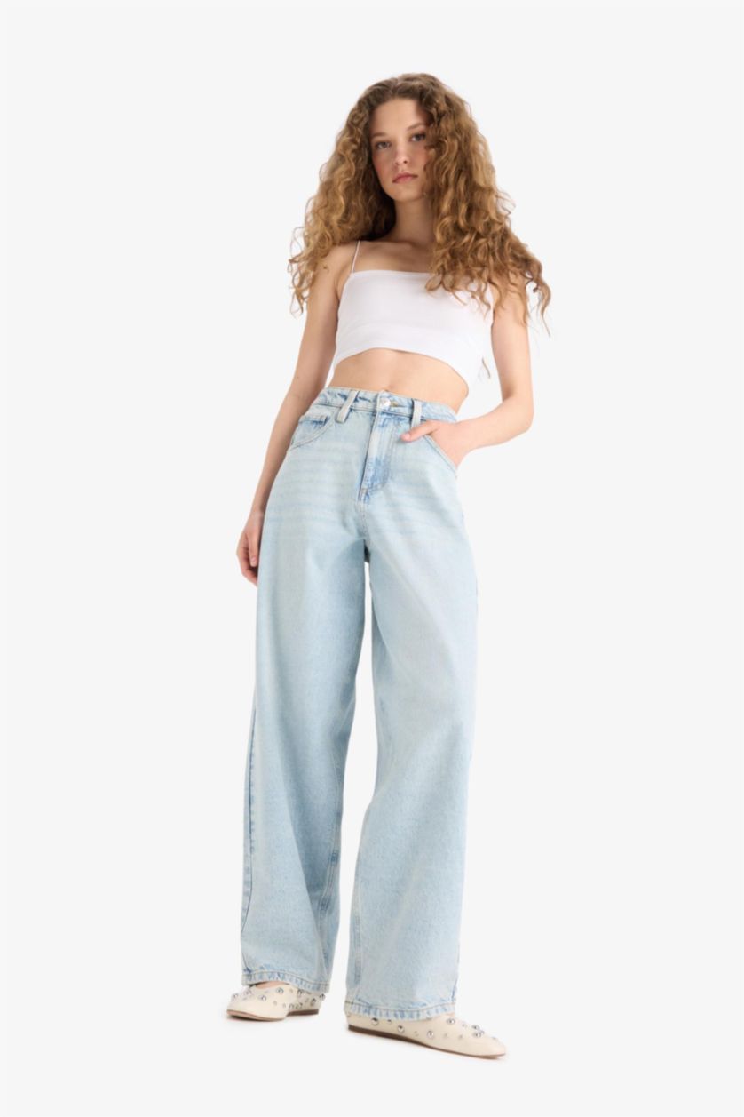 WOMAN Light Blue Baggy Fit High Waist Straight Leg Jeans