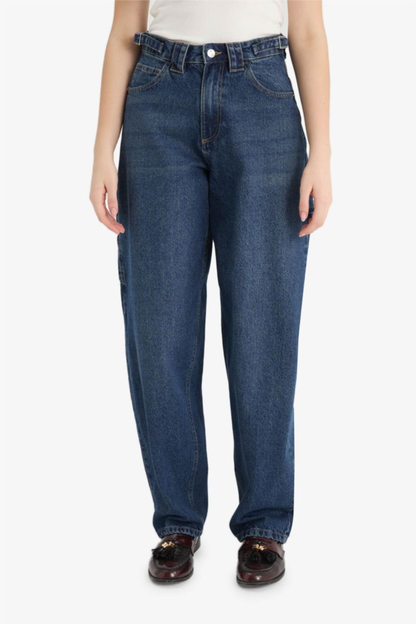 Женщины Темно-голубой Джинсы с высокой талией, прямым кроем и длинными брюками, тип carpenter fit