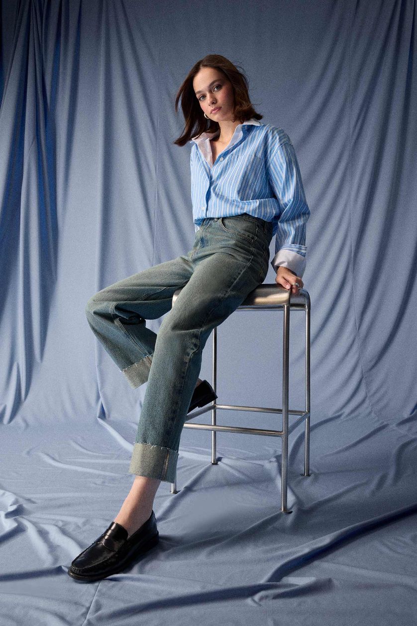 WOMAN Blue Baggy Fit High Waist Straight Leg Jeans