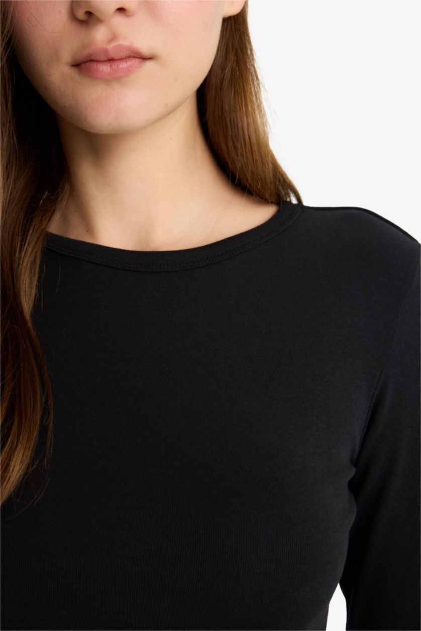 WOMAN Black Fitted Crew Neck Ribbed T-Shirt