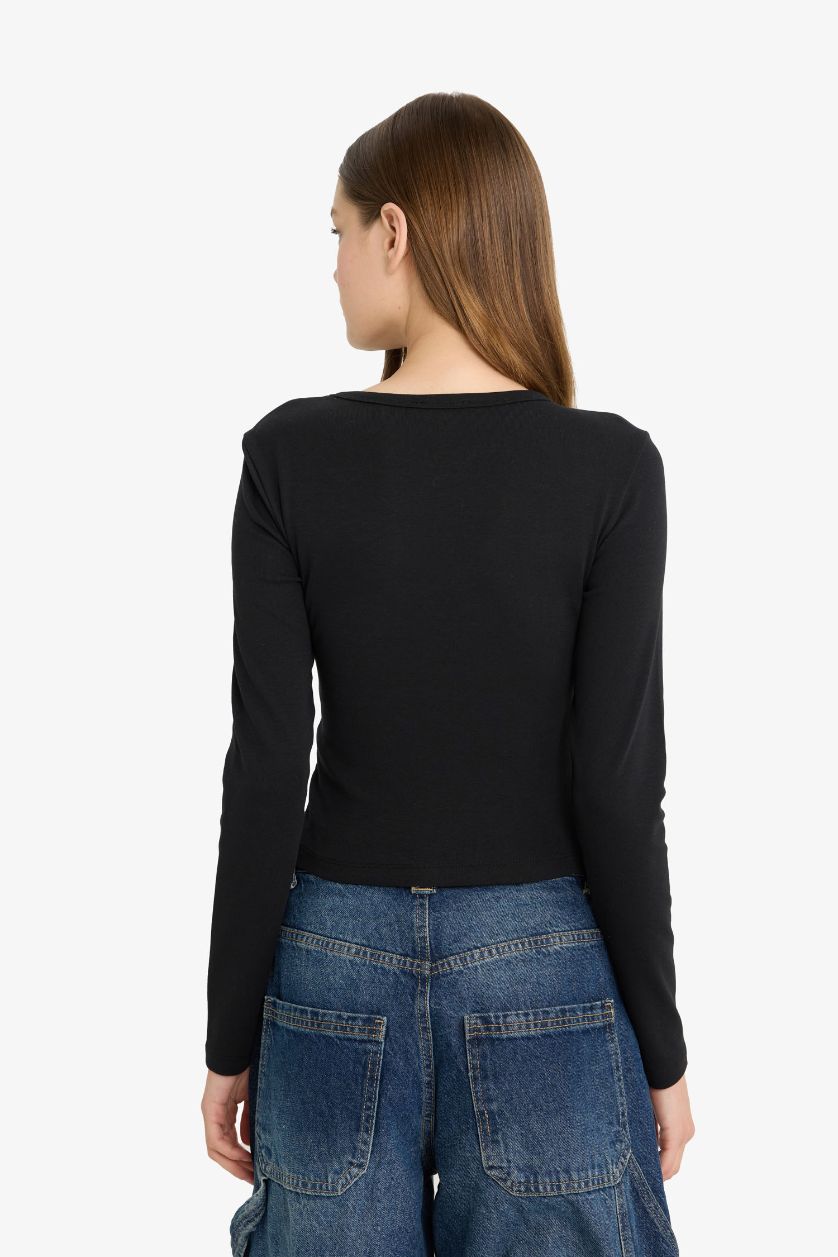 WOMAN Black Fitted Crew Neck Ribbed T-Shirt