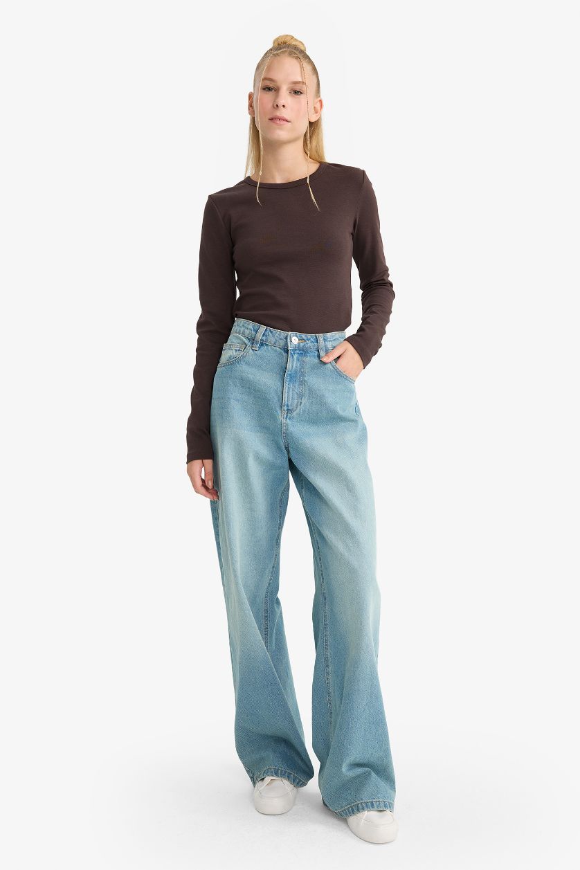 Kadın Kahve Fitted Bisiklet Yaka Ribana Uzun Kollu Tişört