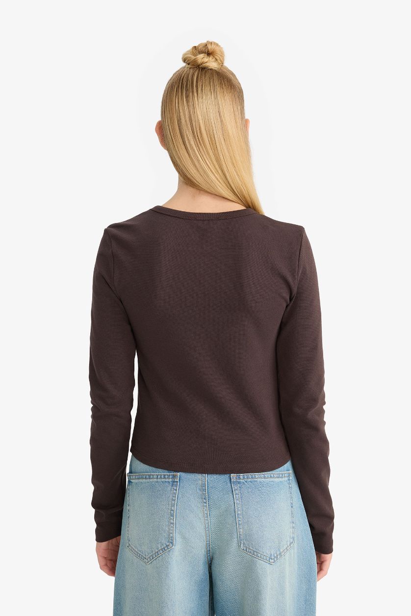 Kadın Kahve Fitted Bisiklet Yaka Ribana Uzun Kollu Tişört