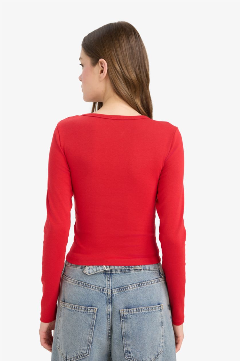 Женщины Красный Coool приталенная футболка с круглым вырезом, в рубчик, с длинным рукавом