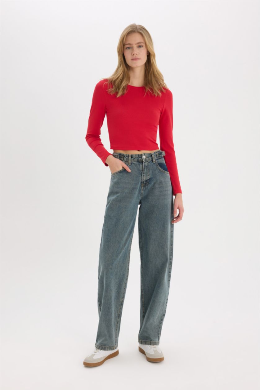 نساء أحمر Fitted Basic Ribbed Long Sleeve Red T-Shirt