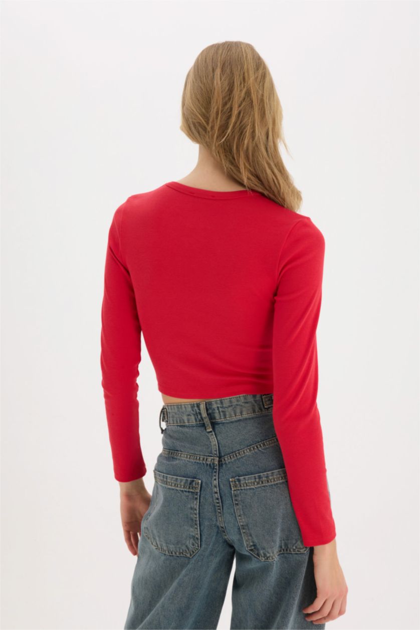 نساء أحمر Fitted Basic Ribbed Long Sleeve Red T-Shirt