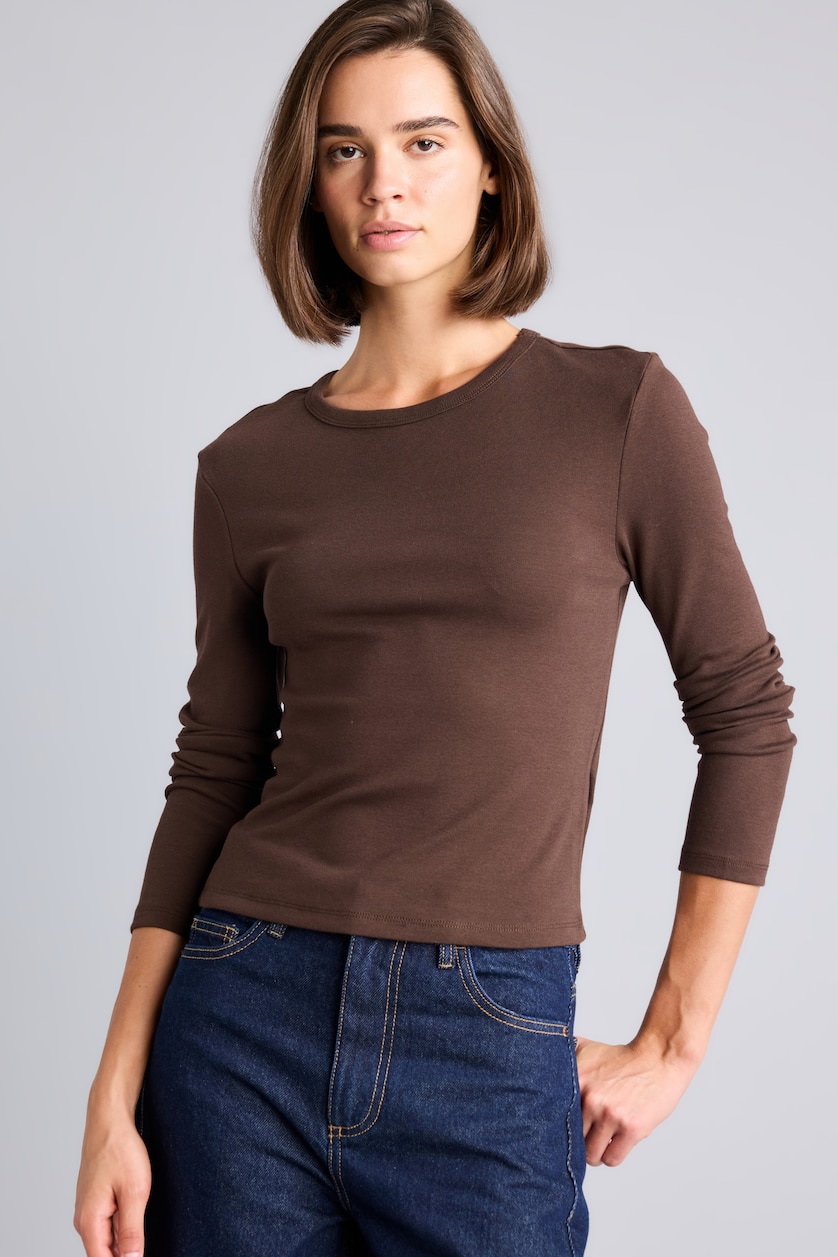 Women Brown Slim Fit Ribana Long Sleeve T-Shirt