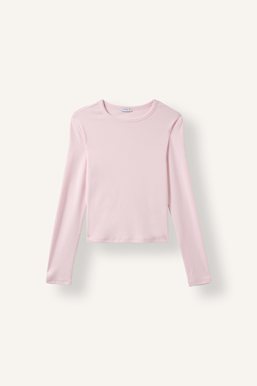 Kadın Açık Pembe Fıtted Bisiklet Yaka Ribana Uzun Kollu Tişört