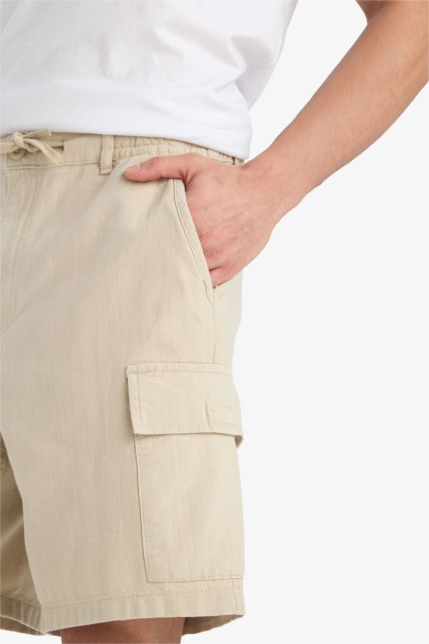 Erkek Taş %100 Pamuk Regular Kargo Cepli Keten Görünümlü Bermuda Şort