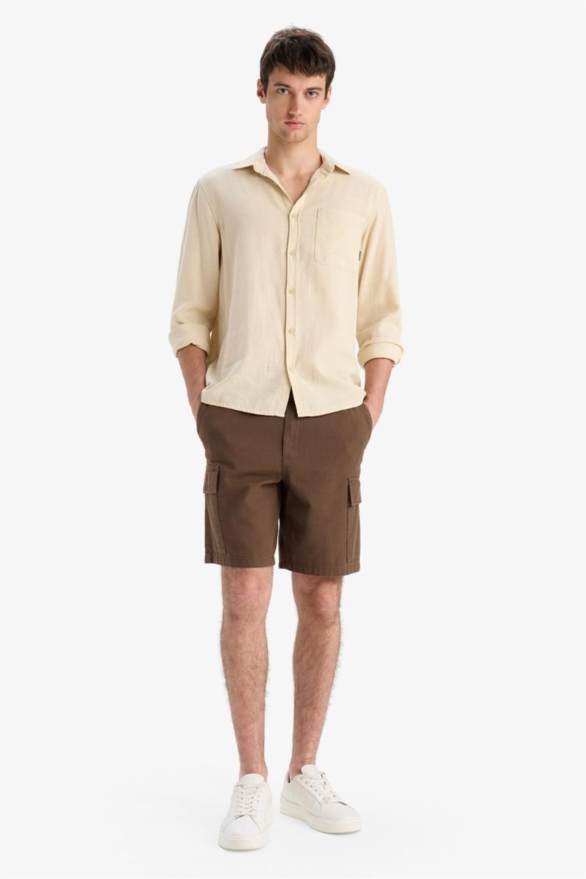HOMME Marron Short 100% coton aspect lin à poches cargo