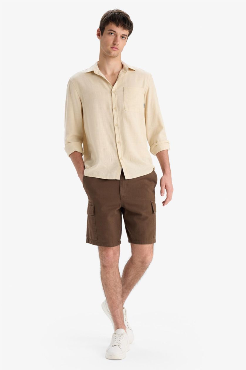 HOMME Marron Short 100% coton aspect lin à poches cargo