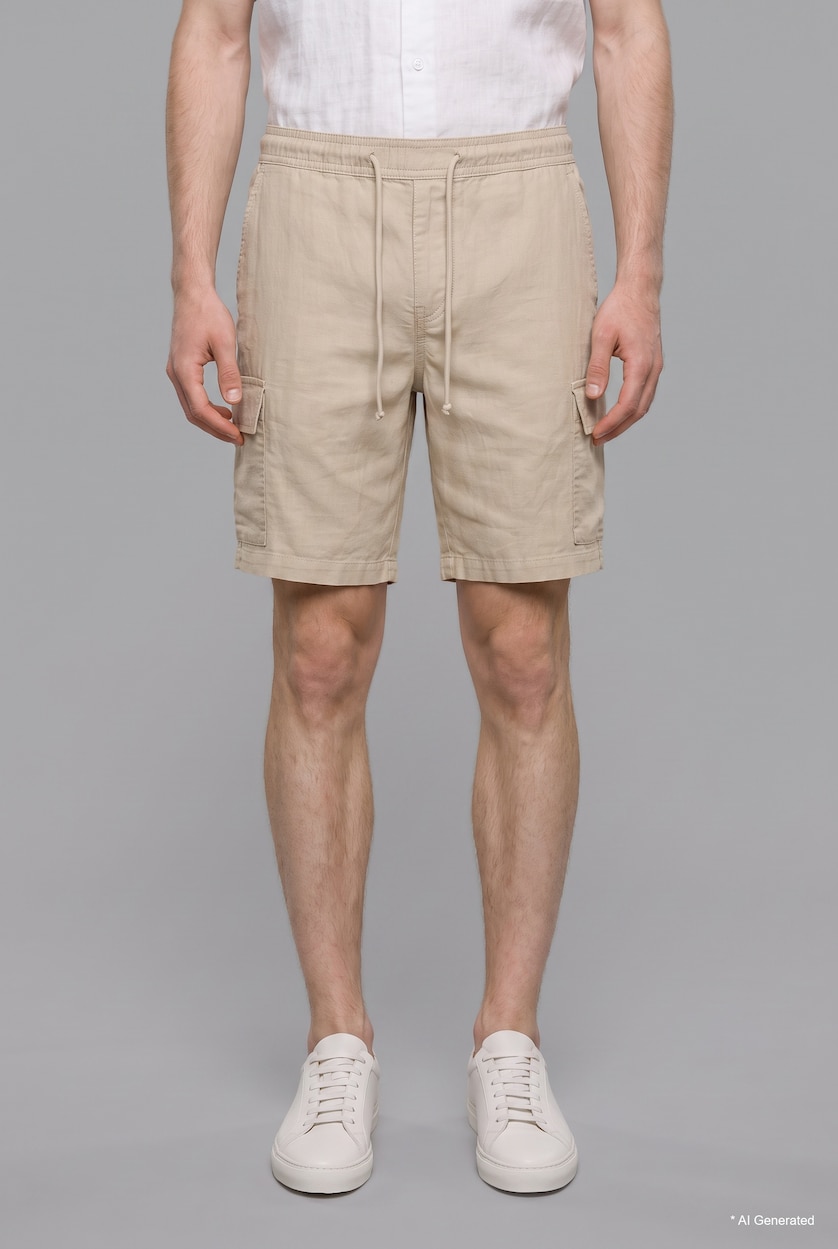 رجال اللون الحجري Regular Fit Elastic Waist Cotton Cargo Bermuda Shorts