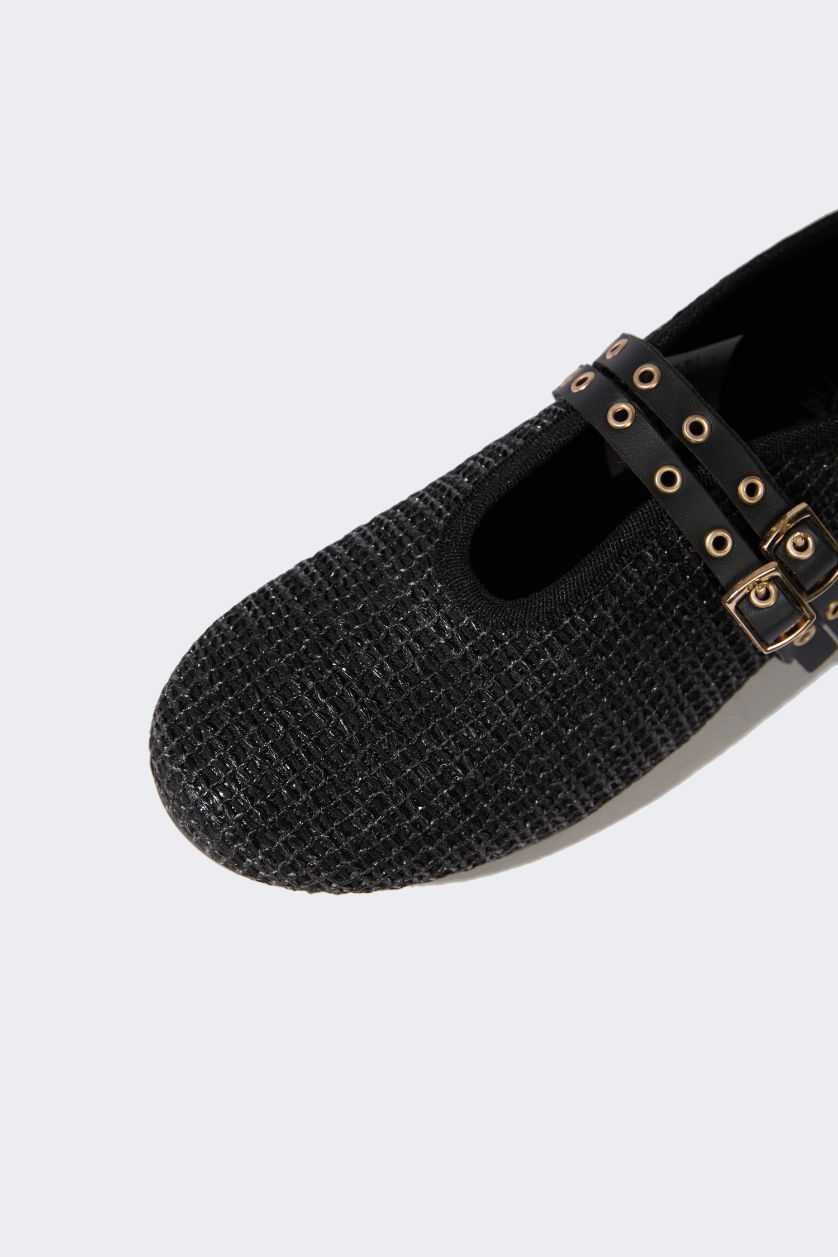 GIRLS & TEENS Black Girl Straw Detailed Ballerina Flat Shoes