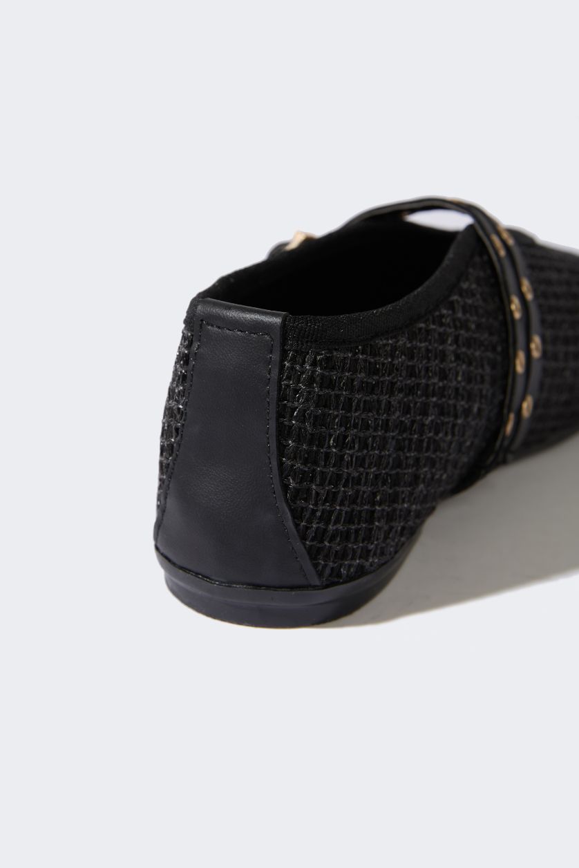 GIRLS & TEENS Black Girl Straw Detailed Ballerina Flat Shoes