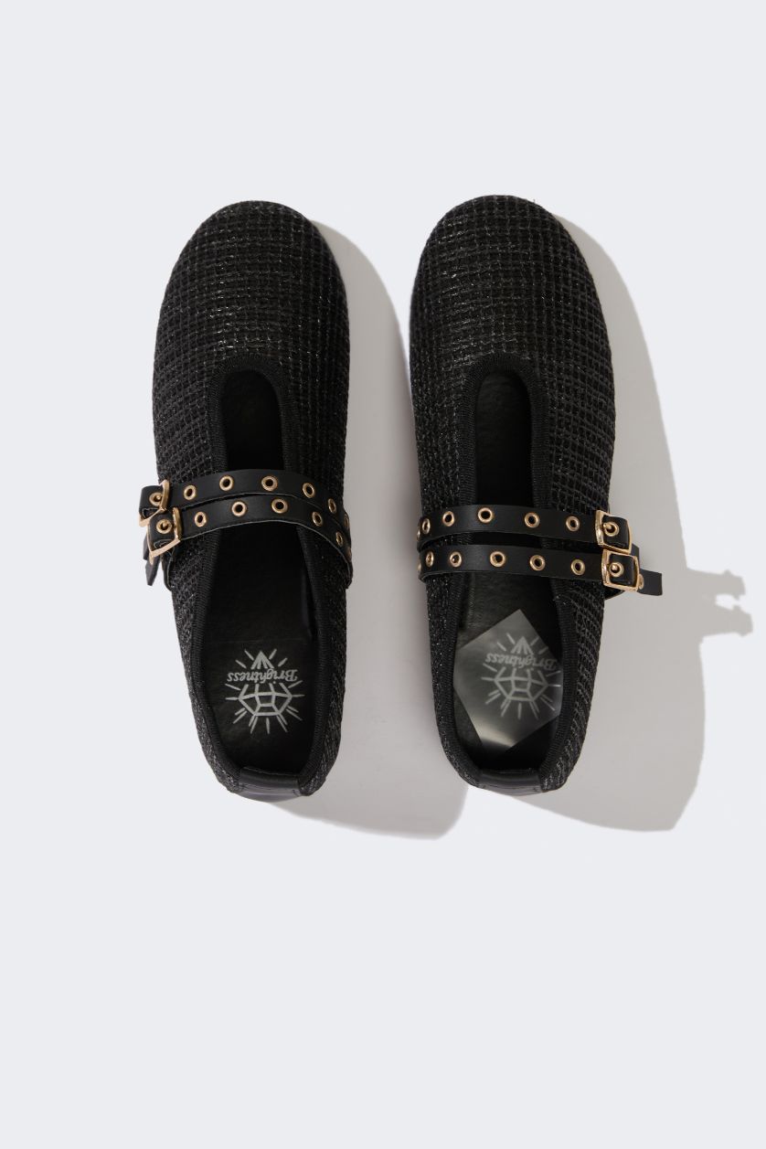 GIRLS & TEENS Black Girl Straw Detailed Ballerina Flat Shoes