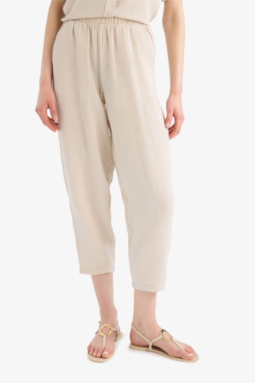 WOMAN Beige Tapered Fit Regular Hem Double Pocket Crinkle Fabric Trousers