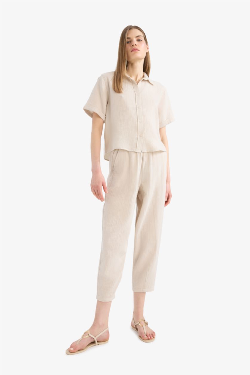 WOMAN Beige Tapered Fit Regular Hem Double Pocket Crinkle Fabric Trousers
