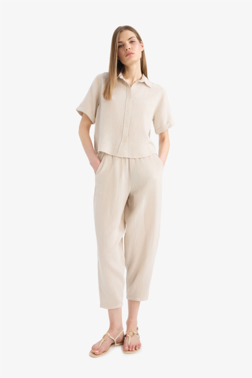 WOMAN Beige Tapered Fit Regular Hem Double Pocket Crinkle Fabric Trousers