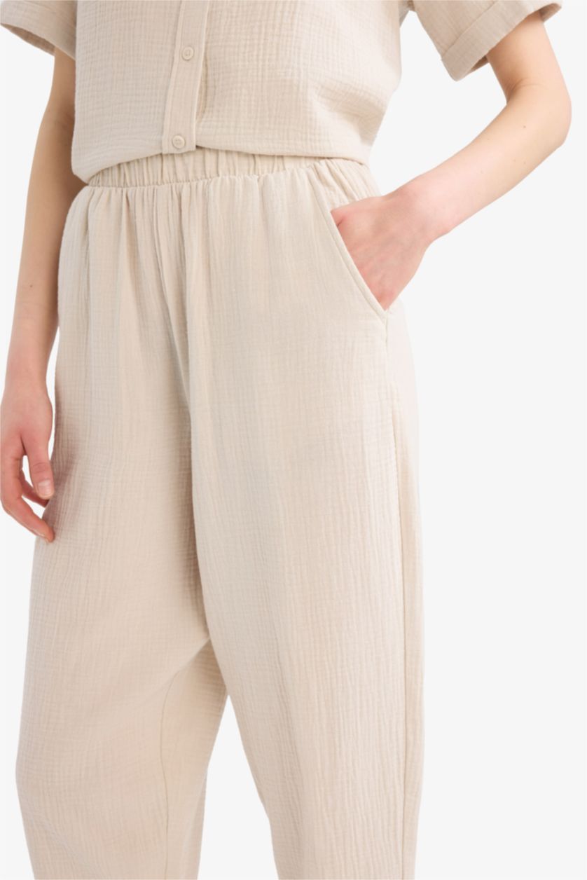 WOMAN Beige Tapered Fit Regular Hem Double Pocket Crinkle Fabric Trousers