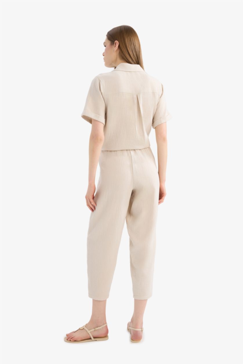 WOMAN Beige Tapered Fit Regular Hem Double Pocket Crinkle Fabric Trousers