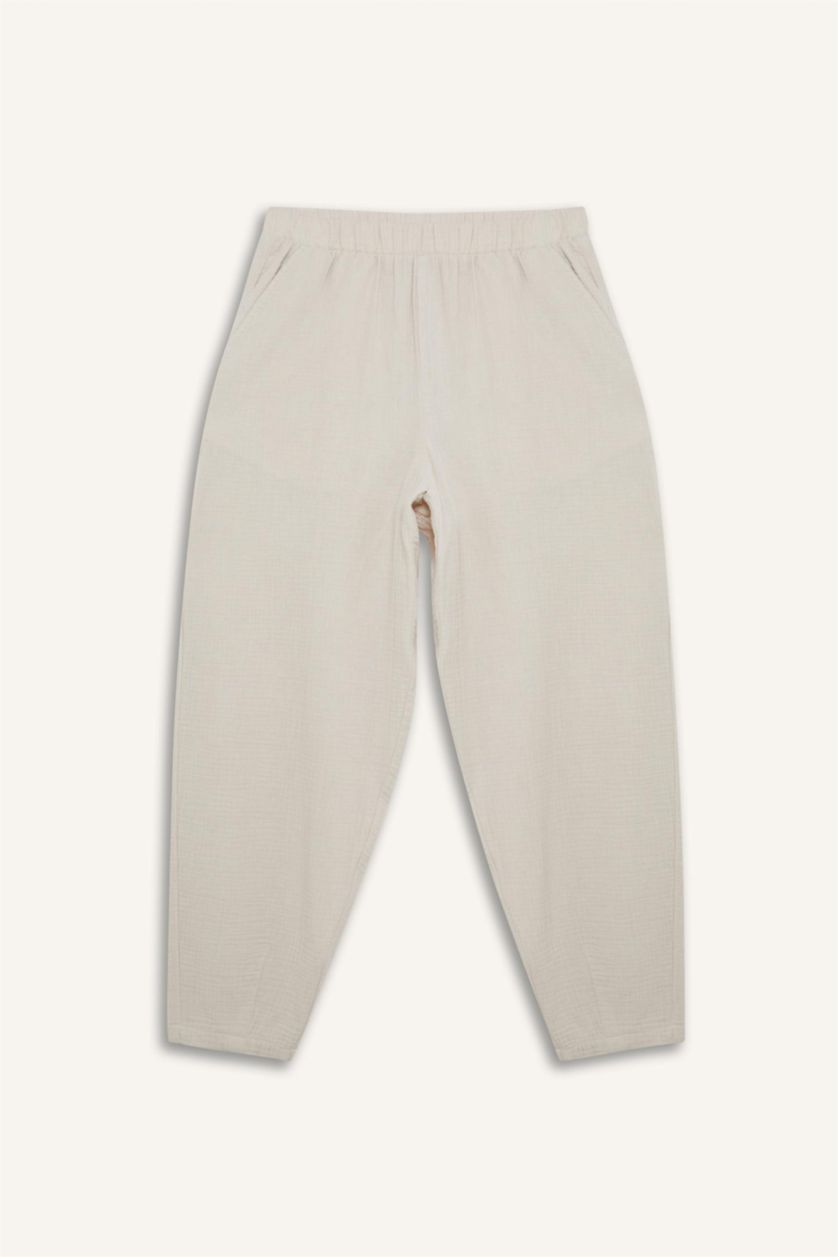 WOMAN Beige Tapered Fit Regular Hem Double Pocket Crinkle Fabric Trousers